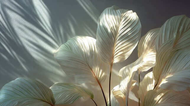 White background with delicate leaf shadow patterns, soft sunlight through window casting plant silhouettes, minimal aesthetic composition with airy mood, subtle gradients and calm dreamy atmosphere.