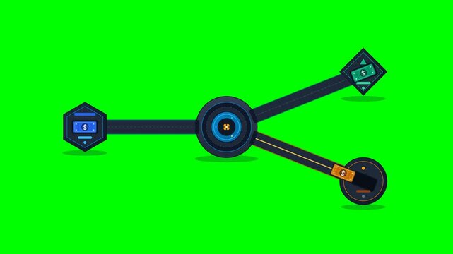 2D vector business motion graphic visualizing corporate budget allocation, financial distribution network, and capital investment flow across categories