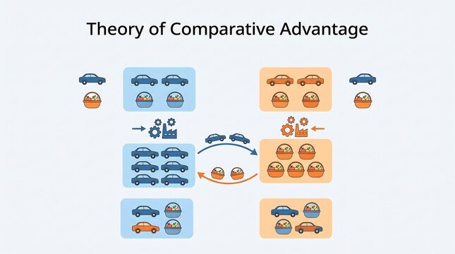 Theory of comparative advantage international trade diagram showing specialization and economic efficiency