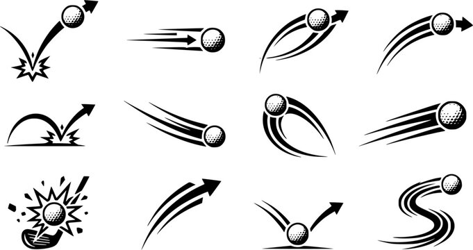 Golf Ball Motion Trail Vector Icons Set - Ball Flight Trajectory, Swing Arc, Bounce, and Hole-in-One Graphics Isolated on White Background