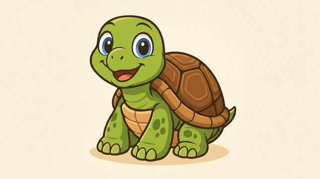 Adorable green cartoon turtle illustration featuring a happy smiling character with a brown shell, perfect for children's educational materials, mascots, and cute animal themed designs.