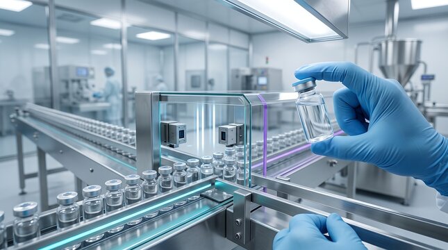 Scientist wearing blue medical gloves inspecting clear vaccine vial on high-tech automated pharmaceutical conveyor belt in sterile laboratory environment with digital light interface
