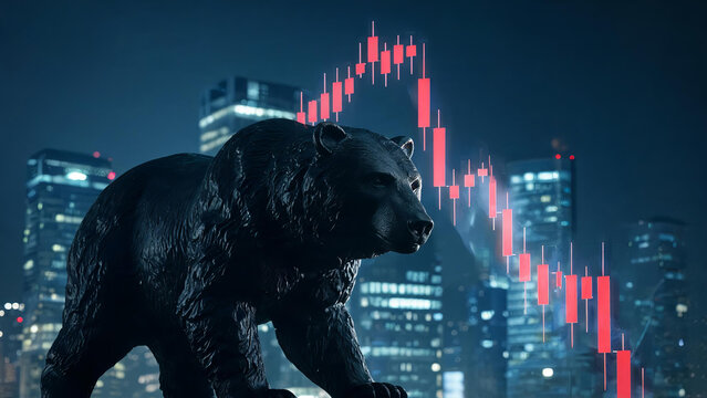 A bear statue with a falling red candlestick chart, set against a night cityscape, representing a bearish financial market trend.