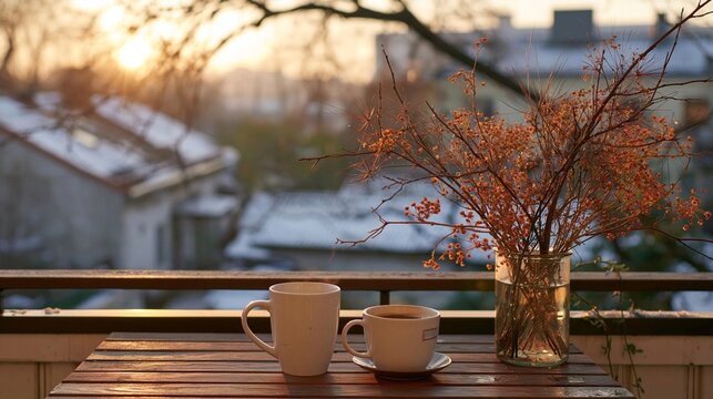 Wooden table with two cups of coffee on it. the table is on a balcony with a view of a cityscape in the background. the sky is orange and yellow, indicating that it is either sunrise or sunset.