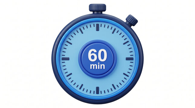 Blue minimalist 3D stopwatch timer icon representing sixty minutes of time