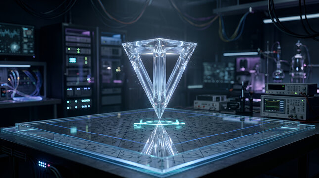 Futuristic crystalline energy core levitating in a high-tech science research laboratory environment
