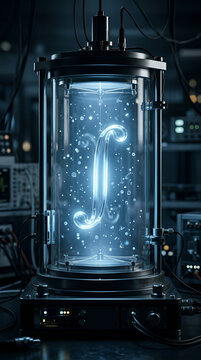 Mathematical integral symbol floating inside a high-tech experimental laboratory containment vessel