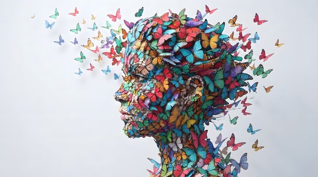 Conceptual art of a human head silhouette formed by many colorful flying butterflies