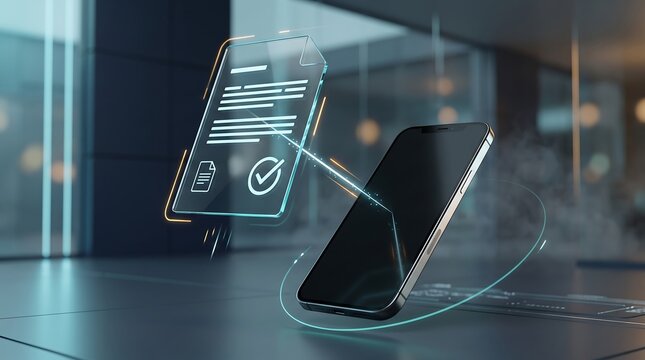 Digital document signing on smartphone screen with holographic interface showing contract approval and electronic signature verification process in modern corporate office environment