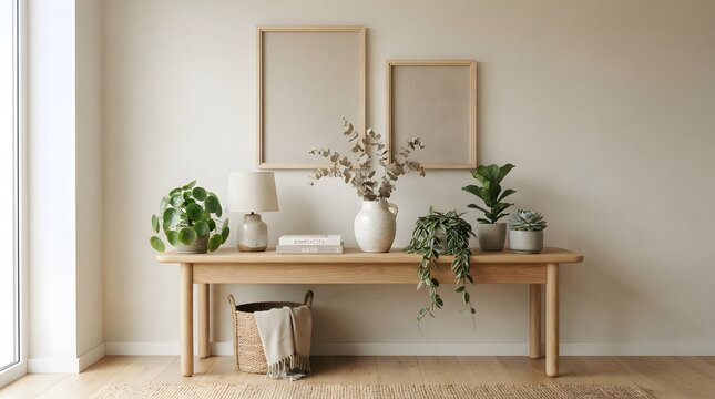 Modern minimalist entryway console table with house plants and wall mirrors in bright home interior