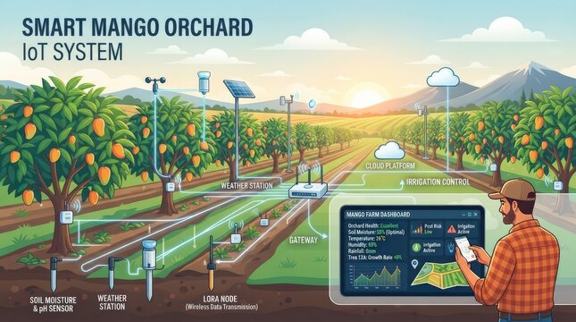 Smart mango orchard iot system diagram showing farm sensors, weather station, gateway, and farmer dashboard
