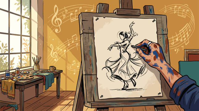 Artist's Hand Sketching Dancing Woman on Easel in Light-Filled Studio with Musical Notes Motif, Creative Art Concept