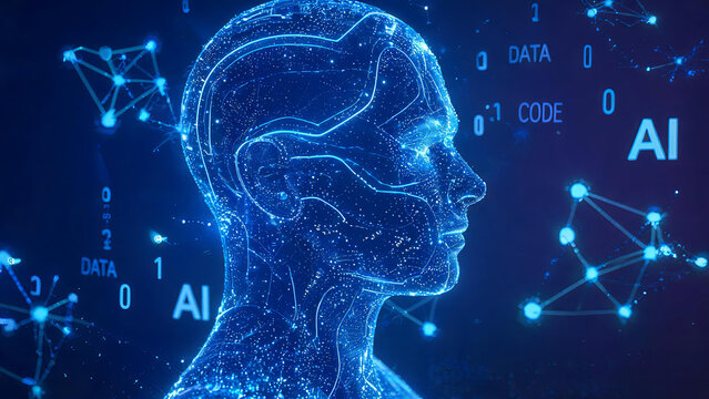 A digital human head visualization illustrating core concepts of artificial intelligence, data, and network technology.