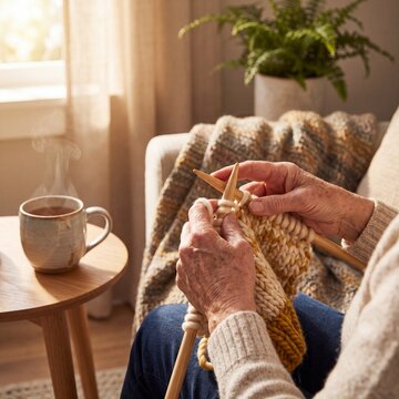 Senior woman hands knitting soft wool beside cup of tea by window, relaxing retirement hobby and cozy home lifestyle