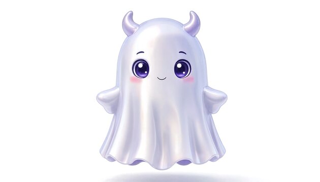 Cute little ghost character with small devil horns isolated on white background