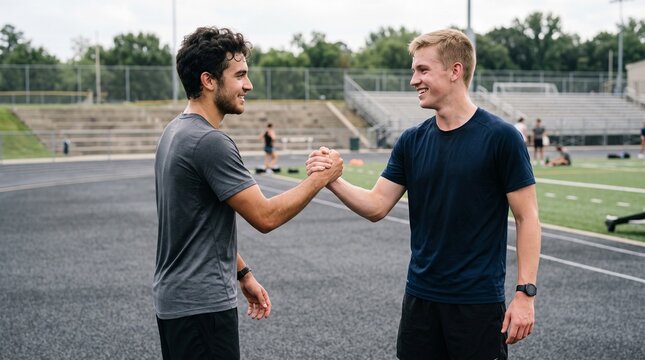 Two young men shaking hands on an athletic field after training  