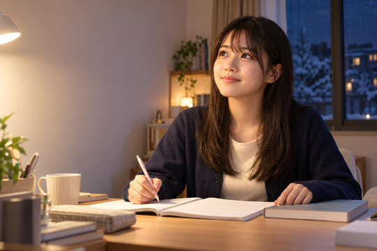 冬の夜に受験勉強へ取り組む日本人の女子高校生、問題が解けて小さく微笑む自宅学習の風景と広告用余白-生成