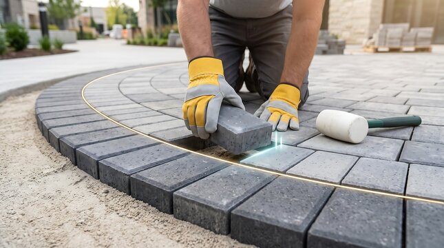 Professional worker laying pavers in circular pattern with rubber mallet and laser level for precise garden patio stone installation in residential landscape construction site