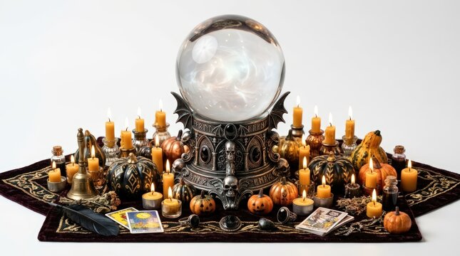 Mystical crystal ball on an ornate gothic stand surrounded by glowing candles, small pumpkins, and tarot cards on a dark velvet cloth for a fortune telling ritual