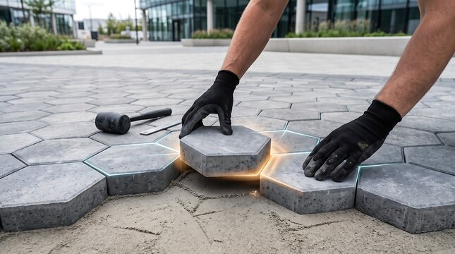 Construction worker laying concrete hexagonal pavers with glowing light edges illustrating precision installation techniques for modern urban landscaping and architectural hardscape design projects