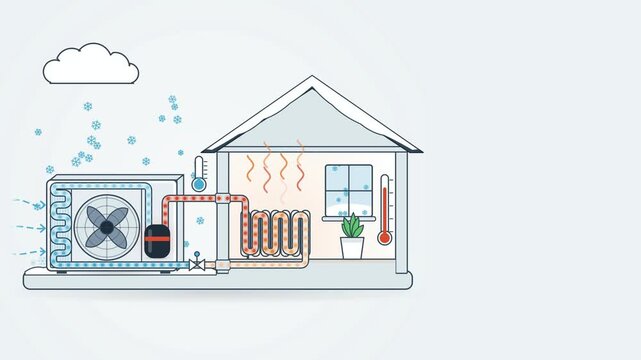 Air source heat pump refrigerant cycle moving heat from cold outdoor air into a warm house, loop animation