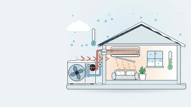Heat pump switching between winter heating and summer cooling modes in a house cutaway, loop animation