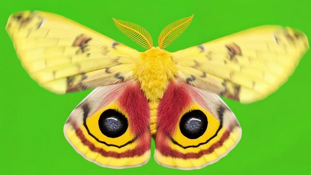 Gentle tilt, showcasing a vibrant io moth on a green screen background, flapping its wings gracefully as lighting shifts from soft to bright, enhancing its vivid colors