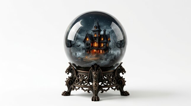 Spooky haunted house glowing inside a magic crystal ball on an ornate gothic stand isolated on a white background