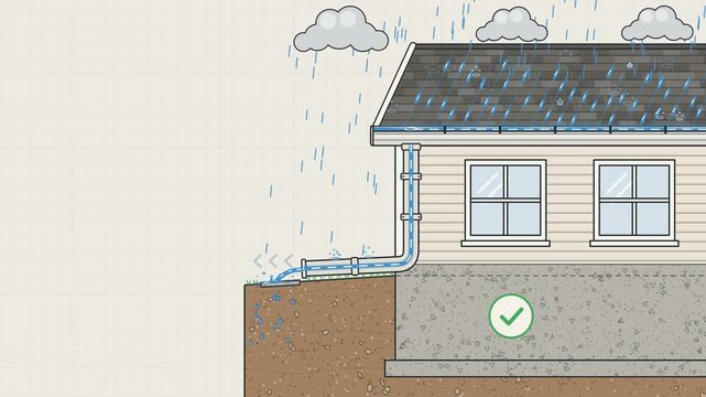 Rain gutter and downspout carrying rainwater off the roof and away from the house foundation animation