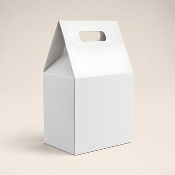 Blank white gable top carry box mockup on a light beige background for retail products