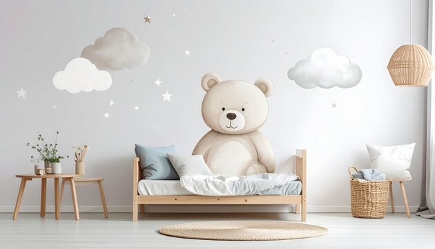 かわいいくまと雲の壁画があるシンプルな子ども部屋