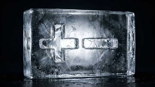 Plus and minus symbols frozen inside a transparent ice block against a black background