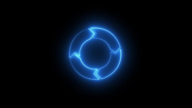 Glowing blue neon circular process arrows icon for continuous cycle, workflow loop, system synchronization, recycling process, data rotation