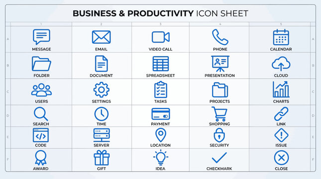 Business productivity icon sheet for corporate presentations and