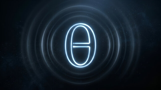 Neon glowing Greek letter Theta symbol in deep space with circular wave ripples