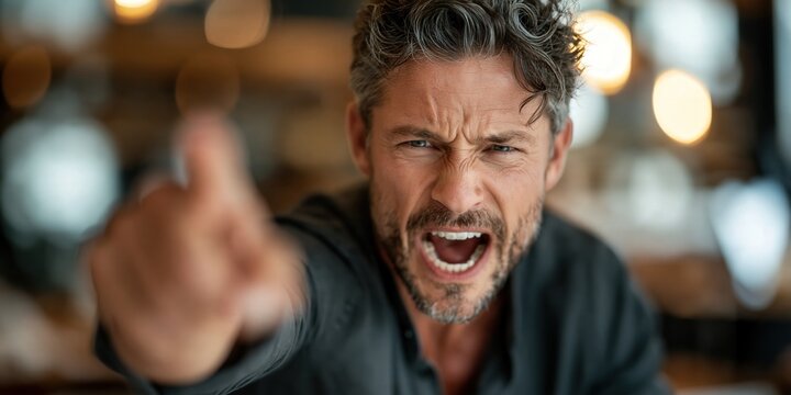 Angry man pointing, yelling and expressing frustration. Caucasian adult male feeling rage and stress