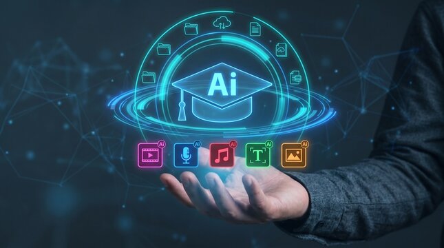 A hand holds a glowing holographic graduation cap icon representing artificial intelligence education technology