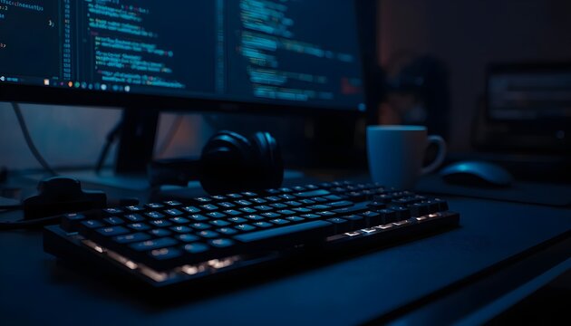Programmer workstation with a dimly lit room and a computer screen showing lines of code