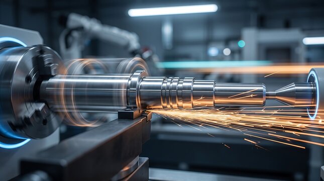 Industrial lathe machine turning metal rod with precision cutting tool creating glowing sparks in modern automated manufacturing plant with metallic texture and industrial atmosphere