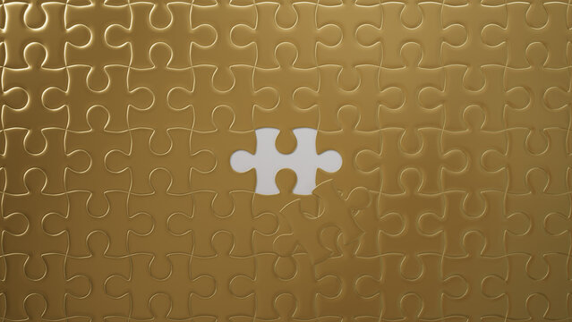 Gold and White Jigsaw Puzzle Backdrop focusing on the last piece to go into place. Closure Concept.