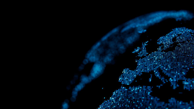 Close up of Holographic Planet Earth with UK in Illuminated Blue Square Particles. Information Technology Concept.