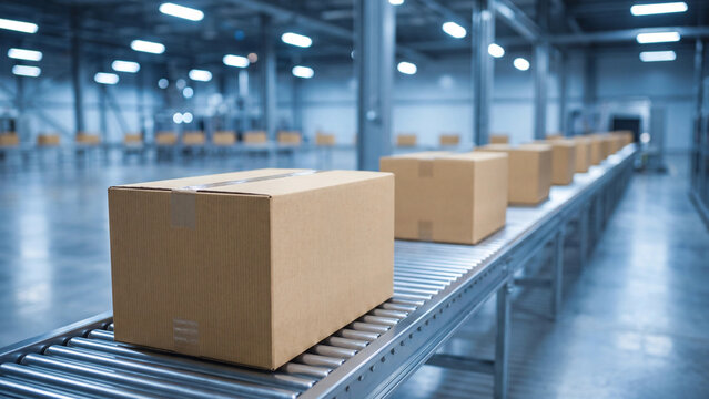 Cardboard boxes moving along a metal roller conveyor belt inside a modern automated manufacturing facility