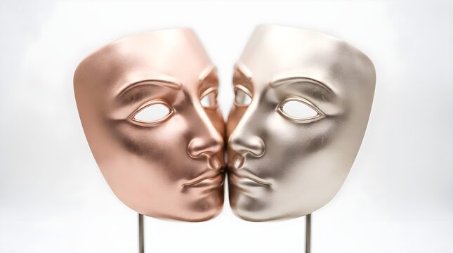 Two smooth sculpted human face masks in rose gold and silver positioned closely together with their noses and cheeks touching, creating an artistic representation of intimacy, connection, and human 