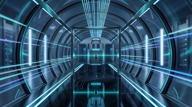 Cyber security concept with glowing blue padlock hologram inside high tech server room corridor representing digital data protection and secure network infrastructure for enterprise information