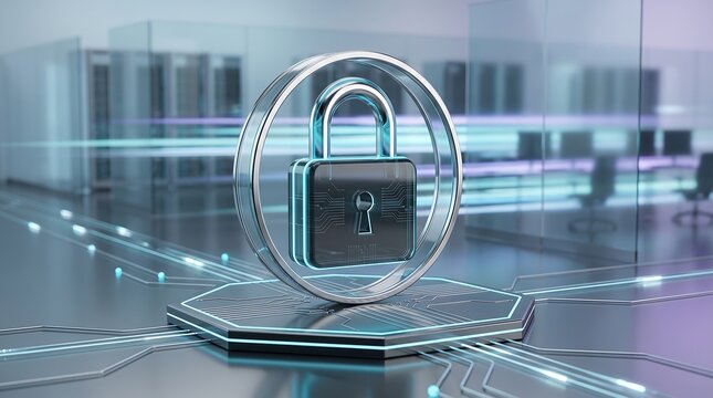 Digital padlock icon representing cyber security and data protection in a server room environment with circuit board patterns glowing in blue light for business network infrastructure concepts