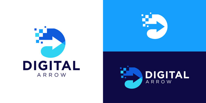 Creative modern digital arrow logo template. Simple right arrow with digital symbol logo design vector illustration.
