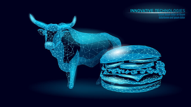 Glowing blue low-poly bull and hamburger wireframe. Futuristic AI food tech concept. Innovative nutrition and health digital art. Dark background vector illustration.