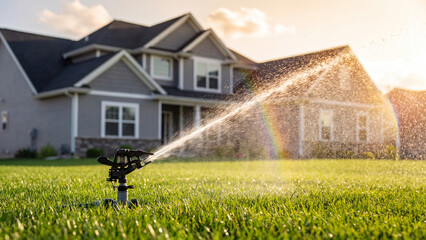 Fototapeta premium Automatic garden sprinkler spraying refreshing water droplets across vibrant green lawn under warm sunset lighting