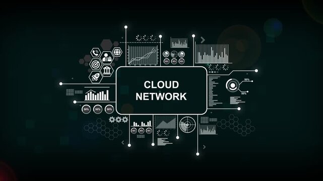 Cloud network digital interface with hud data analytics and cyber security infographic
