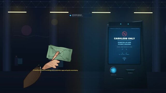 Animation showing an elderly person's hand holding physical cash rejected by a modern cashless self-checkout kiosk highlighting digital exclusion and algorithmic barriers for vulnerable demographics